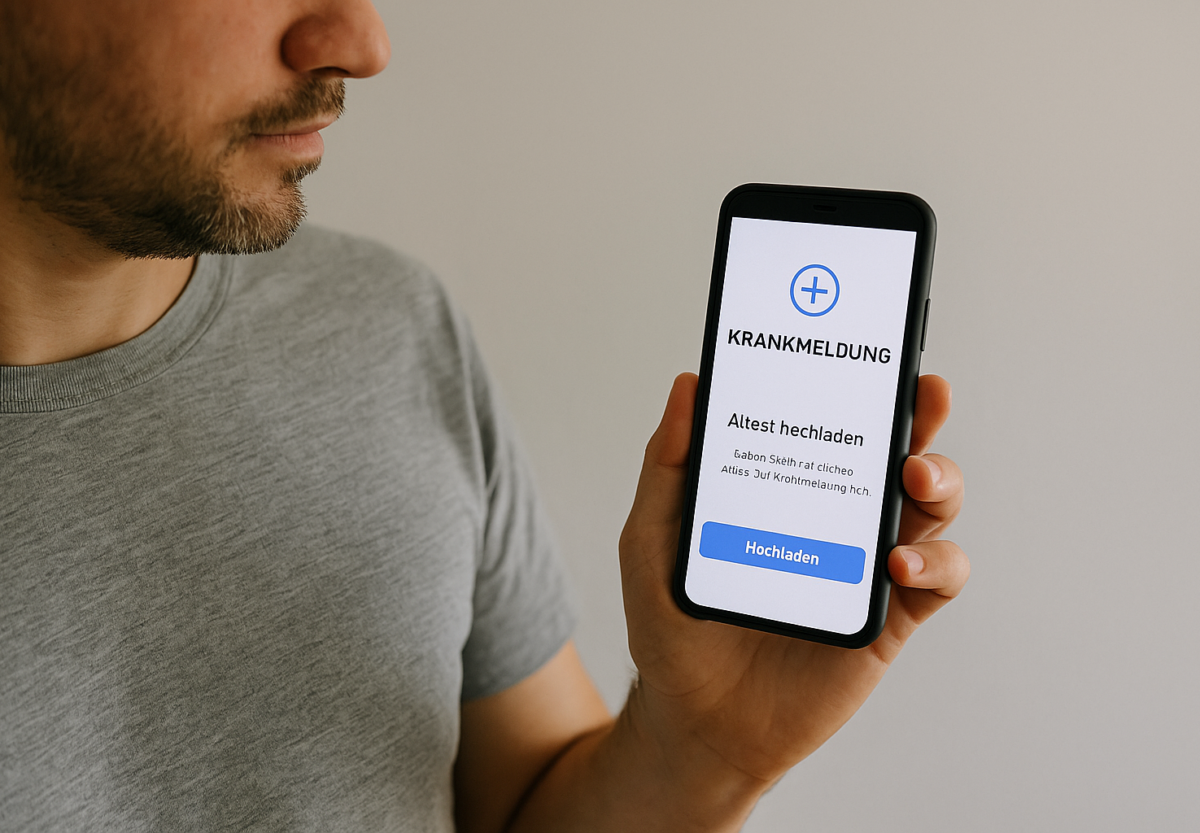 Mann hält ein Smartphone mit der Anzeige einer Krankmeldung-App in der Hand.
