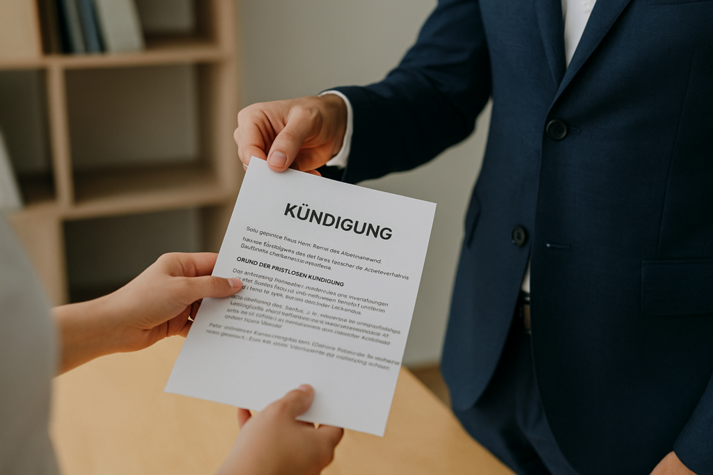 Person übergibt ein Kündigungsschreiben an einen anderen Menschen in einem formellen Umfeld.