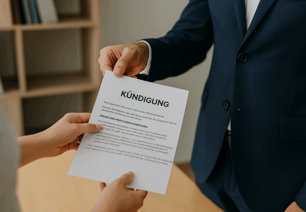 Person übergibt ein Kündigungsschreiben an einen anderen Menschen in einem formellen Umfeld.