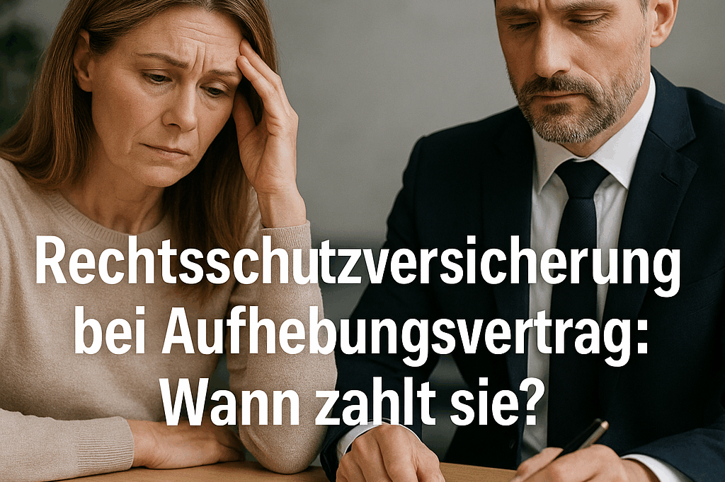 Ein besorgtes Paar sitzt an einem Tisch, der Mann im Anzug hält einen Stift über einem Dokument, während die Frau sich nachdenklich an die Stirn fasst. In der Mitte des Bildes steht der Text: „Rechtsschutzversicherung bei Aufhebungsvertrag: Wann zahlt sie?“