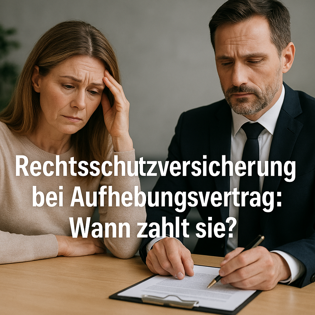 Ein besorgtes Paar sitzt an einem Tisch, der Mann im Anzug hält einen Stift über einem Dokument, während die Frau sich nachdenklich an die Stirn fasst. In der Mitte des Bildes steht der Text: „Rechtsschutzversicherung bei Aufhebungsvertrag: Wann zahlt sie?“