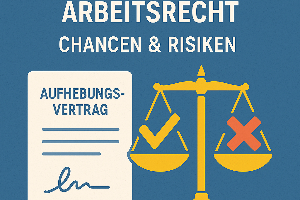 Grafik eines Aufhebungsvertrags mit einer Waage, die Chancen und Risiken darstellt.